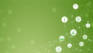 Green background with agricultural icons, including a tractor, plant, and watering can, connected by white lines.