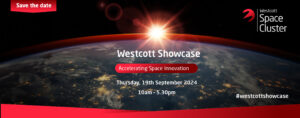 Space-themed event banner with sunrise over Earth for "Westcott Showcase" on 19th September 2024.