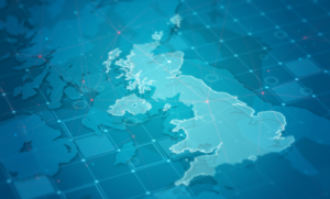 A digital map of the United Kingdom with a blue grid and connected lines, highlighting data and network connections.