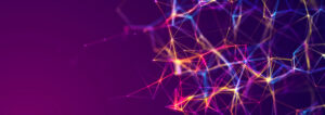 Abstract image of colorful interconnected lines and nodes on a purple background, resembling a digital network.