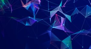 Abstract geometric shapes connected by lines on a dark blue background, featuring vibrant gradients.