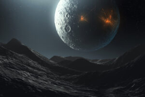 A moon-like celestial body with bright orange cracks above a dark, rocky landscape.