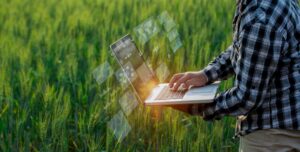 Person in a plaid shirt using a laptop in a field with digital icons floating above the keyboard.