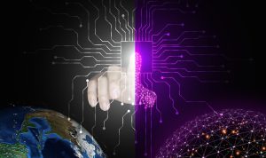 A hand touching a digital screen connected to a global network, with Earth and a glowing web of nodes.