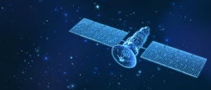 Digital illustration of a satellite with solar panels floating in a starry outer space background.