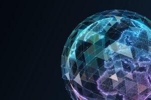 Digital globe with geometric shapes and glowing network patterns on a dark background.