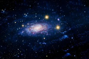 Spiral galaxy with bright stars and vibrant colors in a starry night sky.