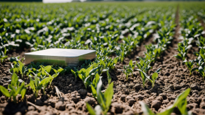 A metal sensor device in a lush green field with rows of young plants, under a clear blue sky.