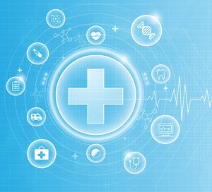 Abstract medical background with healthcare icons, a large medical cross, and a heartbeat line on a blue gradient backdrop.