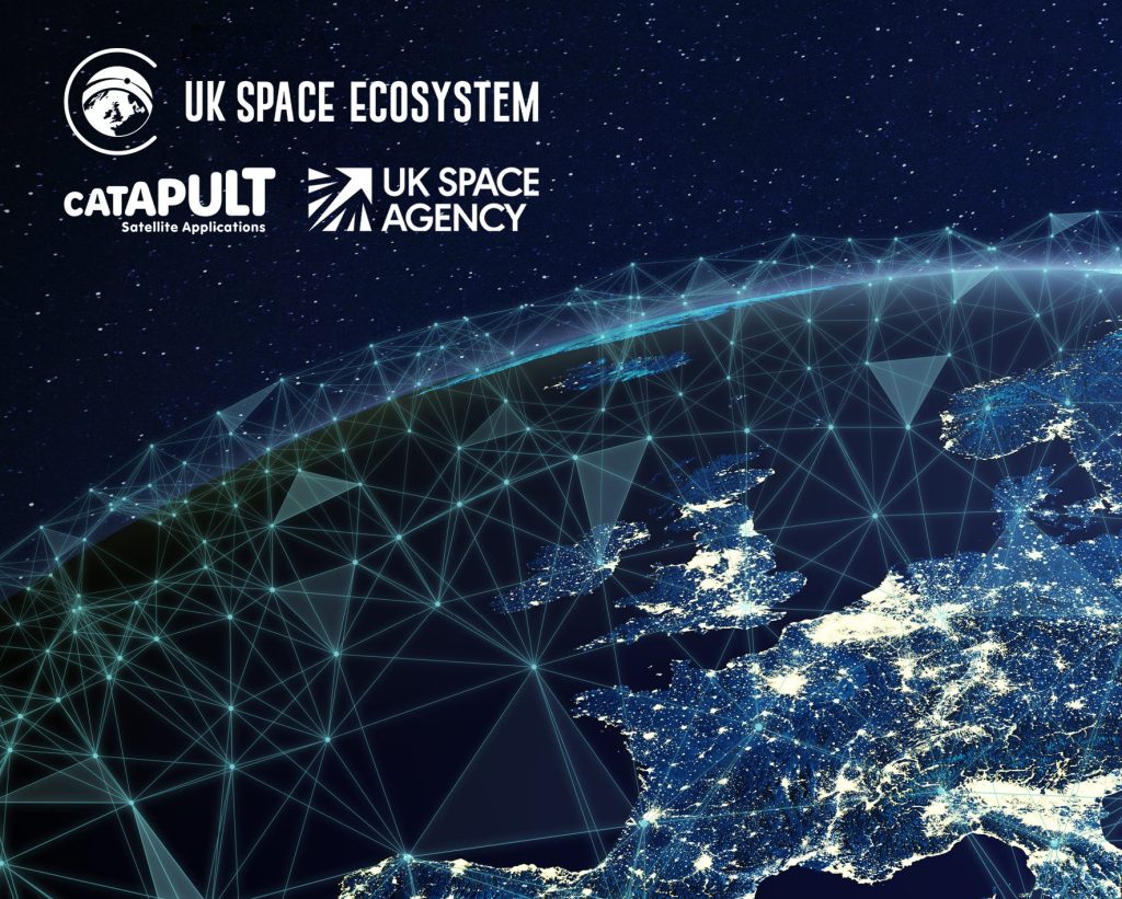 A digital map of Europe at night with glowing connections, logos of UK Space Agency and Catapult visible.