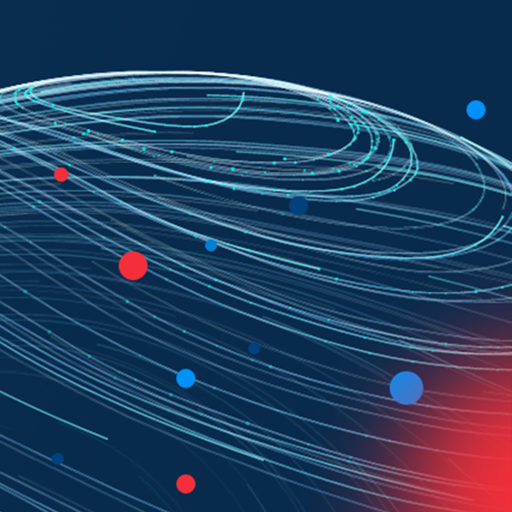 Swirling blue and red lines with scattered dots on a dark blue background, suggesting digital motion.