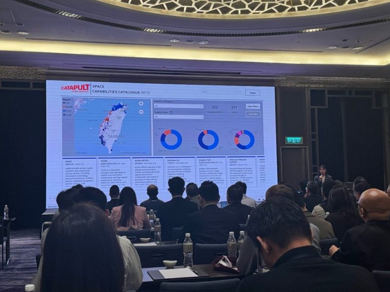 Audience watching a presentation with a large screen displaying charts and a map of Taiwan at a conference.