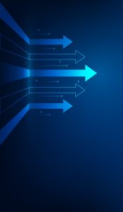 Five blue arrows pointing upward, symbolizing growth and progress, on a dark blue gradient background.