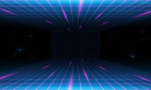 Retro 80s-style neon grid room with glowing lines and stars in a dark space background.