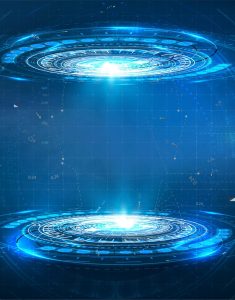 Two glowing futuristic blue holographic circles facing each other on a dark digital background.