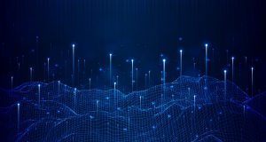 Digital blue grid landscape with glowing data points rising, representing technology and data visualization.