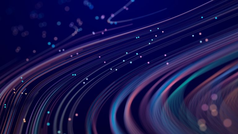 Curved neon lines and glowing dots on a dark background, evoking a sense of motion and digital energy.