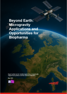 A space station orbits above Earth; text reads "Beyond Earth: Microgravity Applications and Opportunities for Biopharma.