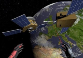 Two satellites in orbit above Earth with gloved hands reaching toward them, Europe visible below.