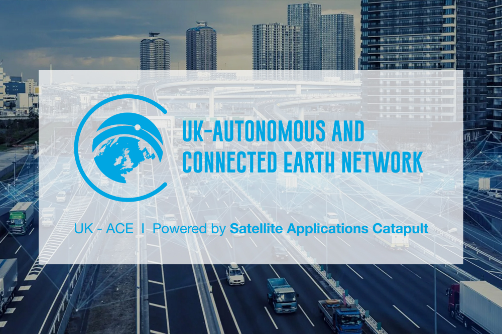 Logo and text for the UK-Autonomous and Connected Earth Network over a city highway with vehicles.