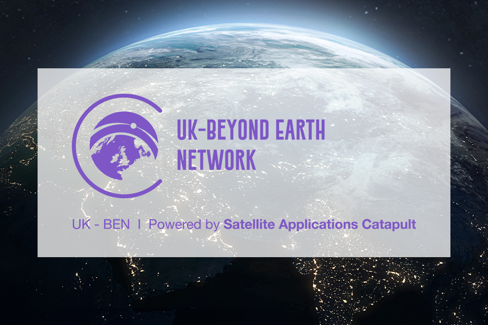 Logo and text "UK-Beyond Earth Network" over an image of Earth from space with city lights visible.