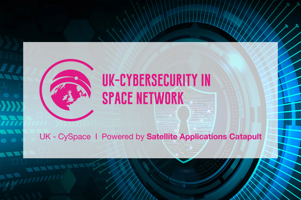 UK-Cybersecurity in Space Network logo over a digital shield and circuit background, text overlayed.