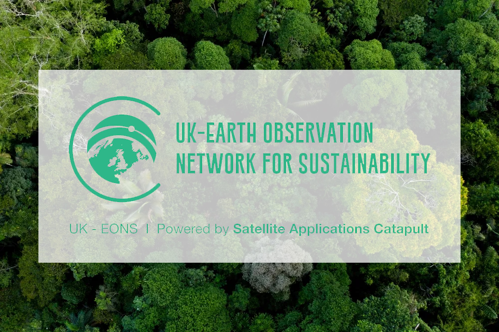 Logo and text "UK-Earth Observation Network for Sustainability" over an aerial view of dense green forest.