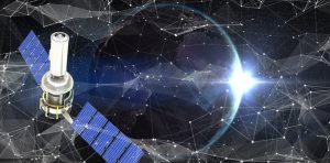 Satellite orbiting Earth with network connections and a bright light over the planet’s surface in space.