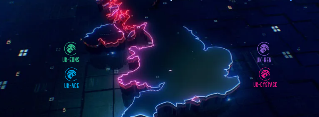 A glowing digital map of the UK with neon outlines and four labeled cyber defense icons on the left.