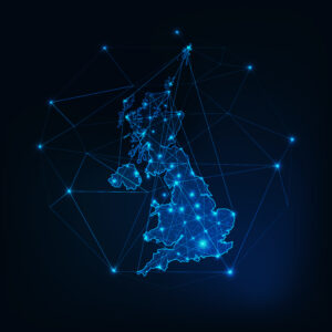 Digital map of the UK with glowing network nodes and connecting lines on a dark background.