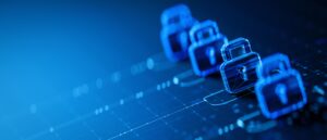 Blue digital padlocks on a dark background representing online security and data protection.