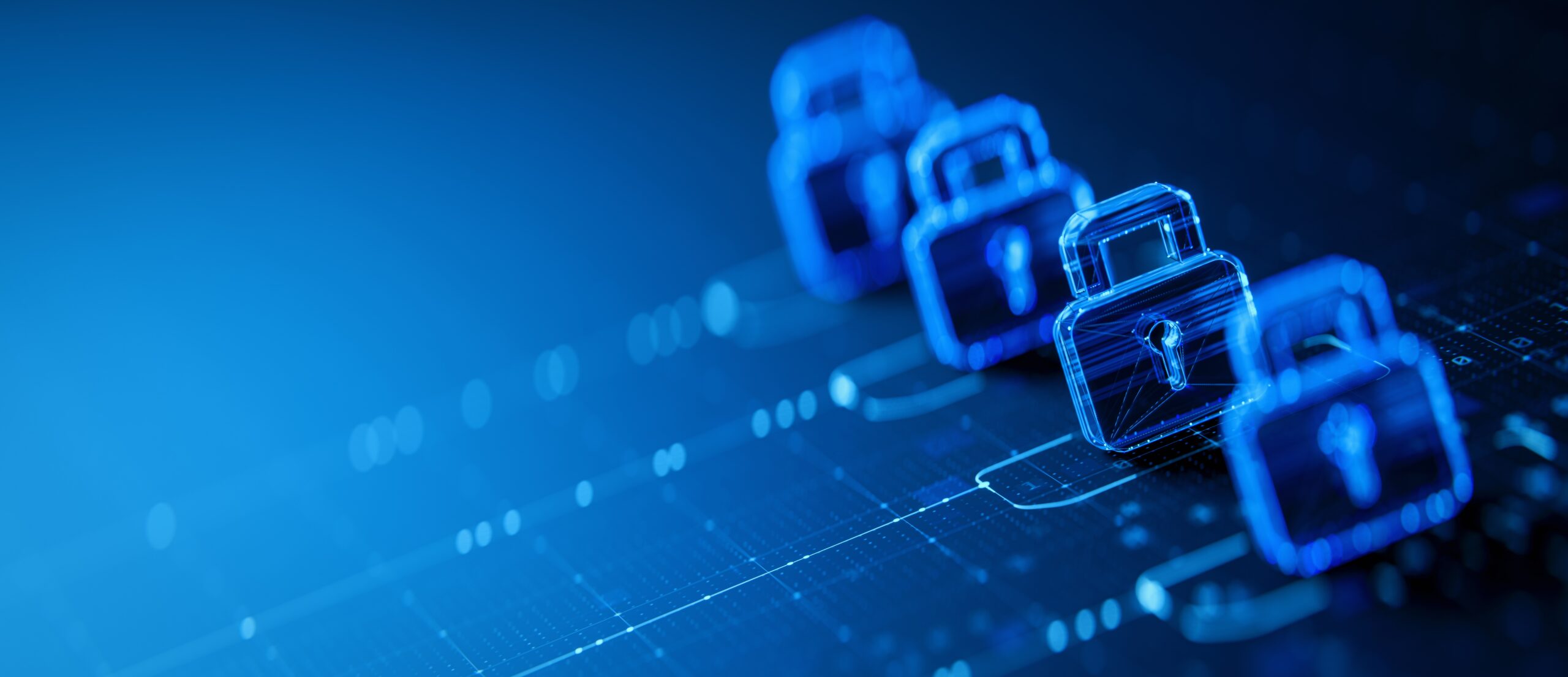 Blue digital padlocks on a dark background representing online security and data protection.