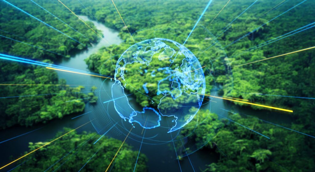A digital Earth graphic overlays a lush, winding river through dense green forest.