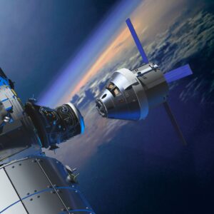 Two spacecrafts approach each other above Earth with the sunrise visible on the horizon.