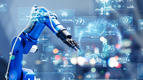 A blue robotic arm operates with digital data and technology graphics in the background.