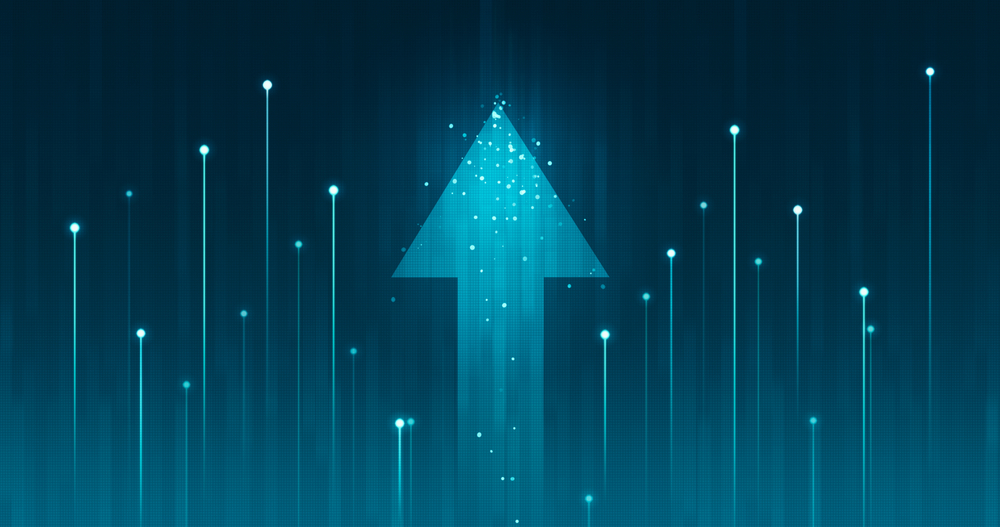 Glowing blue arrow pointing upward with digital light trails and particle effects on a dark background.