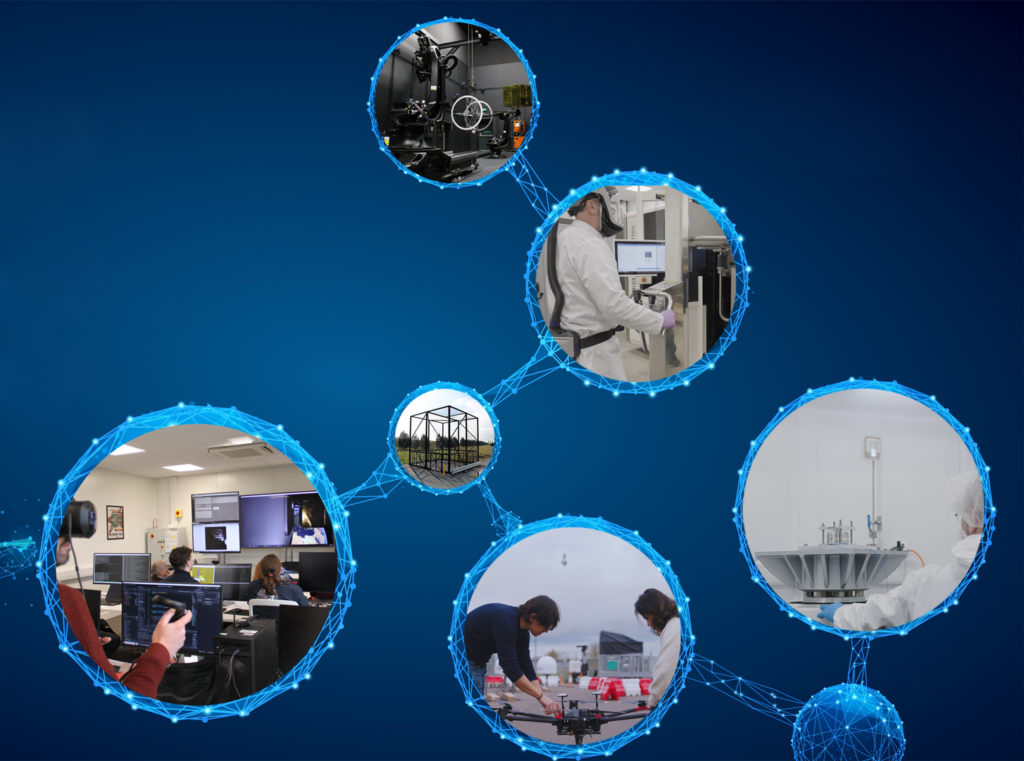 Five connected circles show people working in labs, an office, and an industrial structure on a blue background.