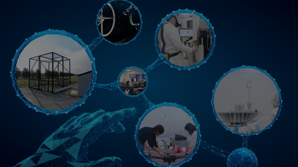 A digital hand connects circles showing science labs, researchers, a structure, and students in a classroom.