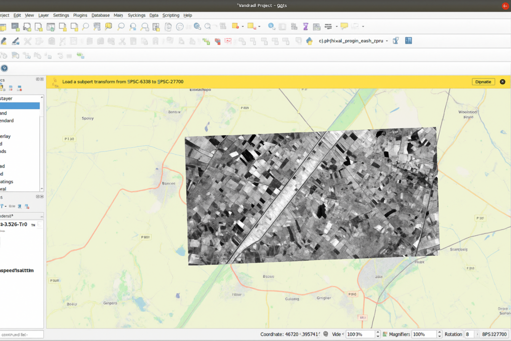 QGIS window showing a black-and-white satellite image overlaying a colored map with roads and place names.
