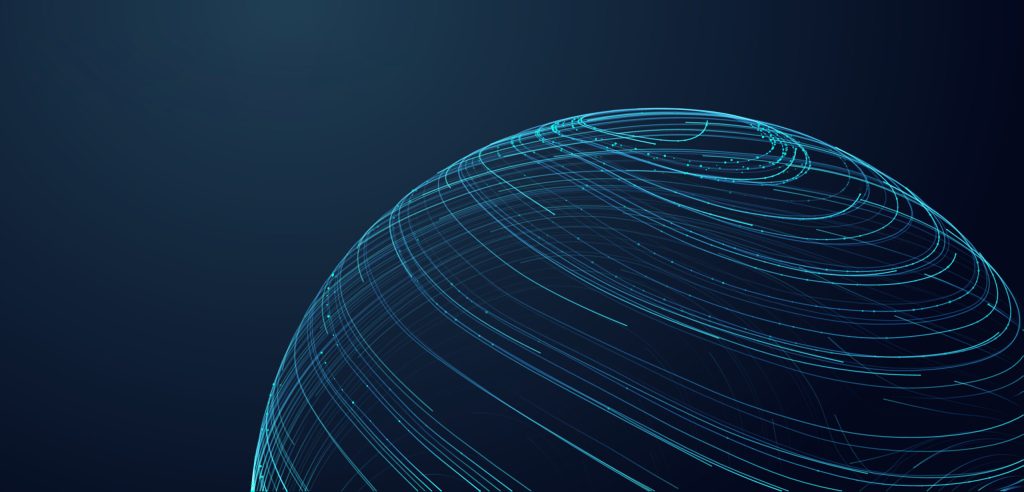 Abstract blue lines form a semi-sphere shape on a dark background, suggesting a digital or global theme.
