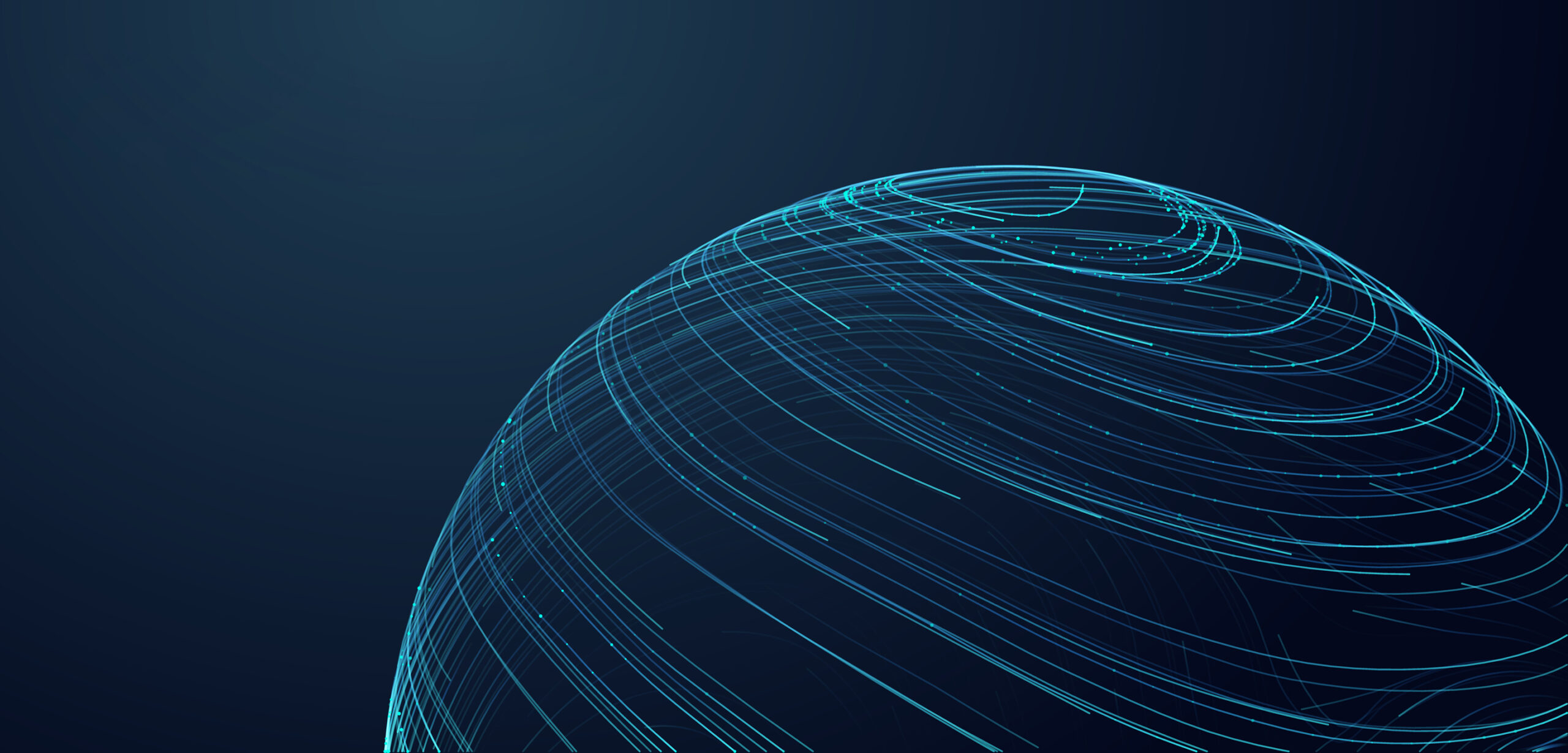 Abstract blue lines form a semi-sphere shape on a dark background, suggesting a digital or global theme.