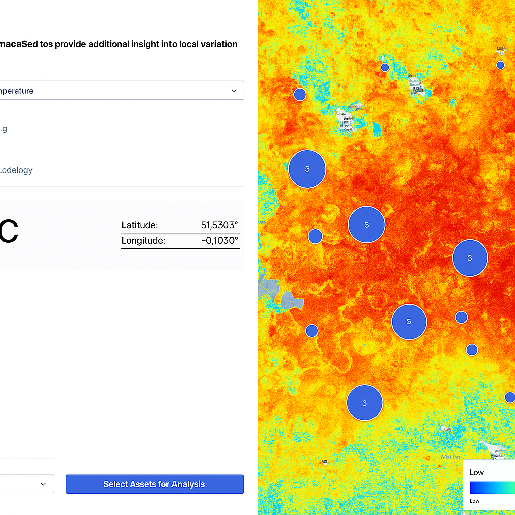 Split screen: left shows data input form, right displays a heatmap with numbered blue circle markers.