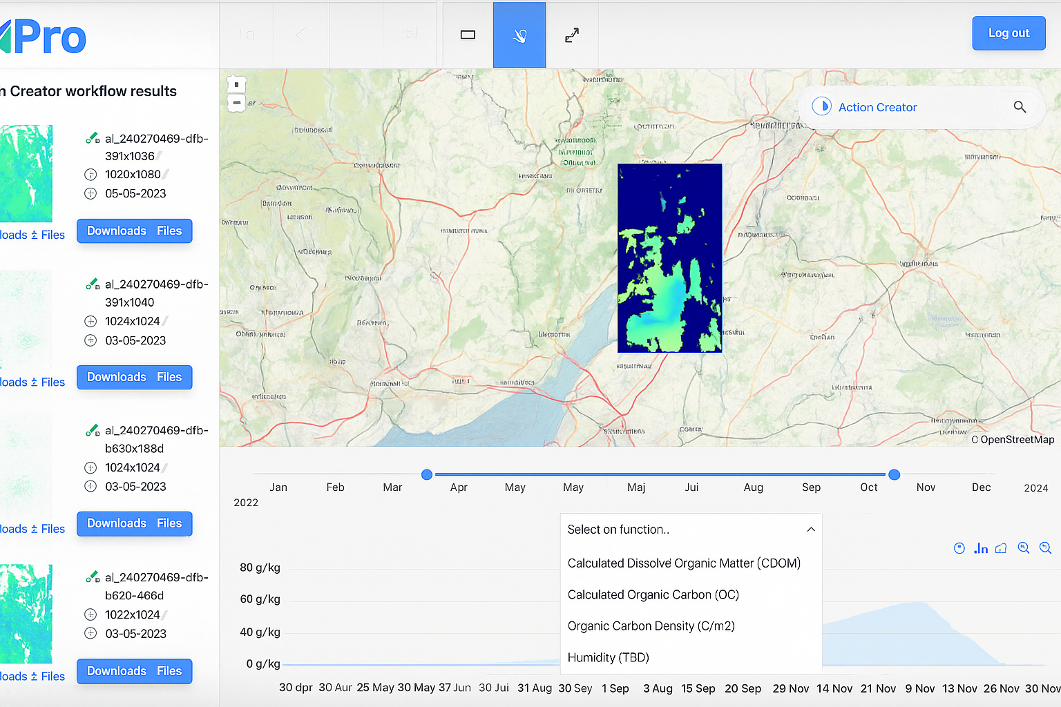A map with a highlighted area, data graph, and a dropdown menu showing organic carbon options.