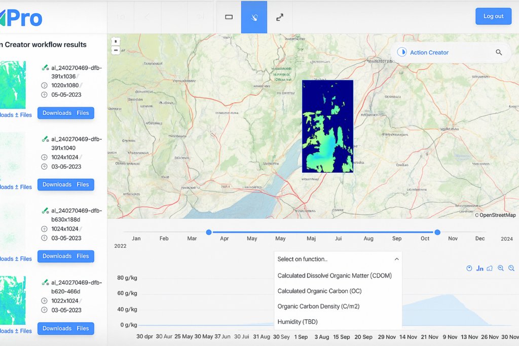 Satellite map interface showing data visualization options and a timeline slider below a colored map overlay.