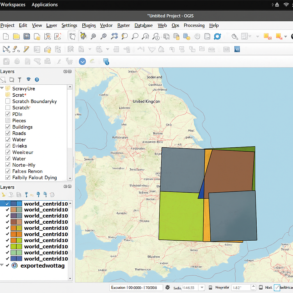 A QGIS project window showing a map of eastern England with overlaid colored vector polygons.