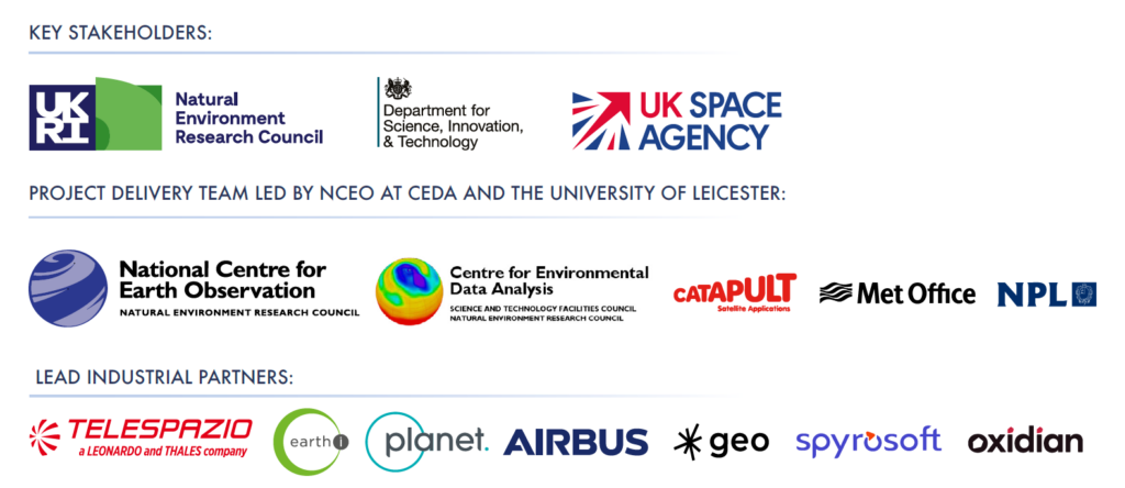 Logos of key stakeholders and industrial partners involved in a UK space and earth observation project.