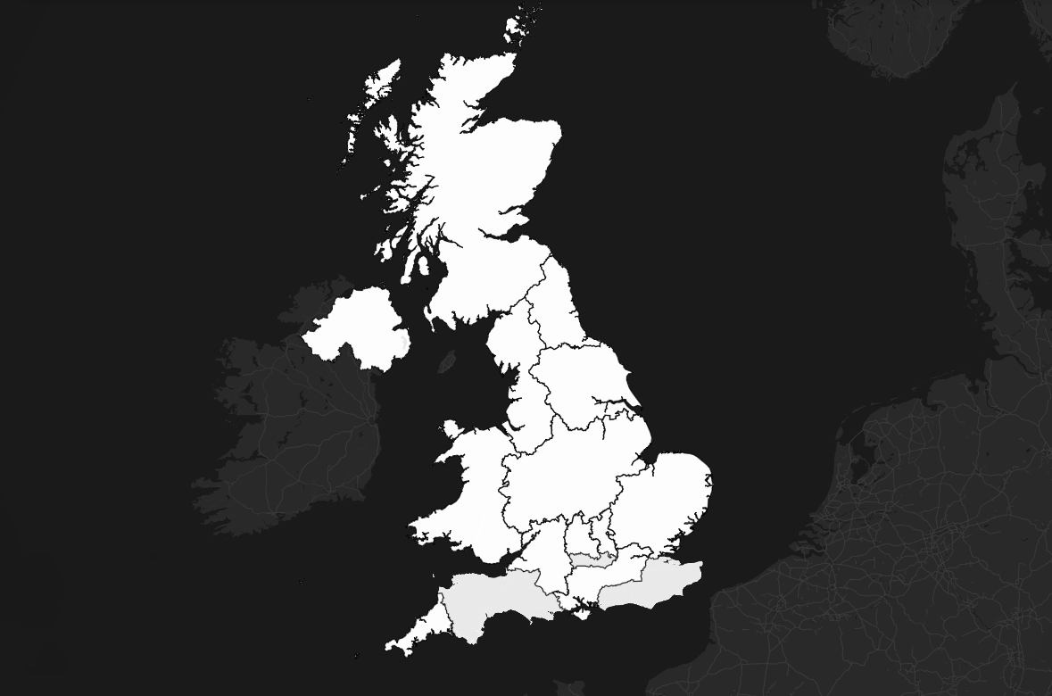 Map of the United Kingdom with internal regional boundaries shown, on a dark background.