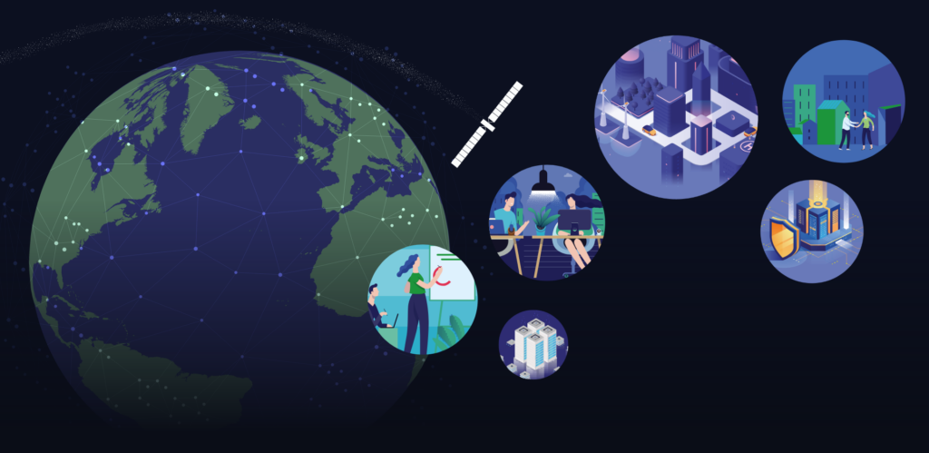 Illustration of Earth with a satellite and five circles showing technology, cityscape, and digital security themes.
