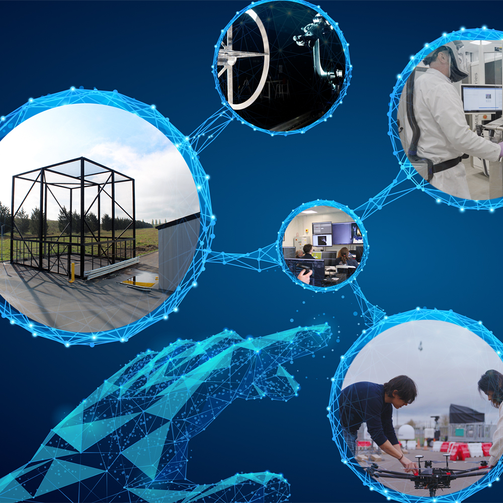 Digital hand connects circular photos of tech, engineering, and collaboration on a blue futuristic background.