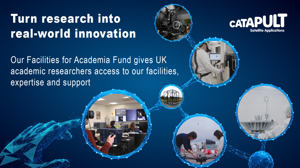Researchers working in labs and meeting rooms, with text about UK research facility funding and Catapult logo.